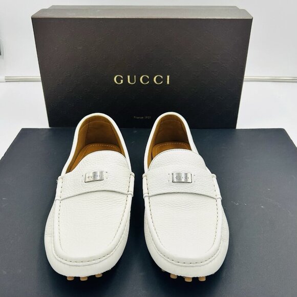 Gucci Men's White Scotch Grain Leather Driving Shoes Size US 9.5 G 9 EUR 43 NEW - Picture 1 of 14